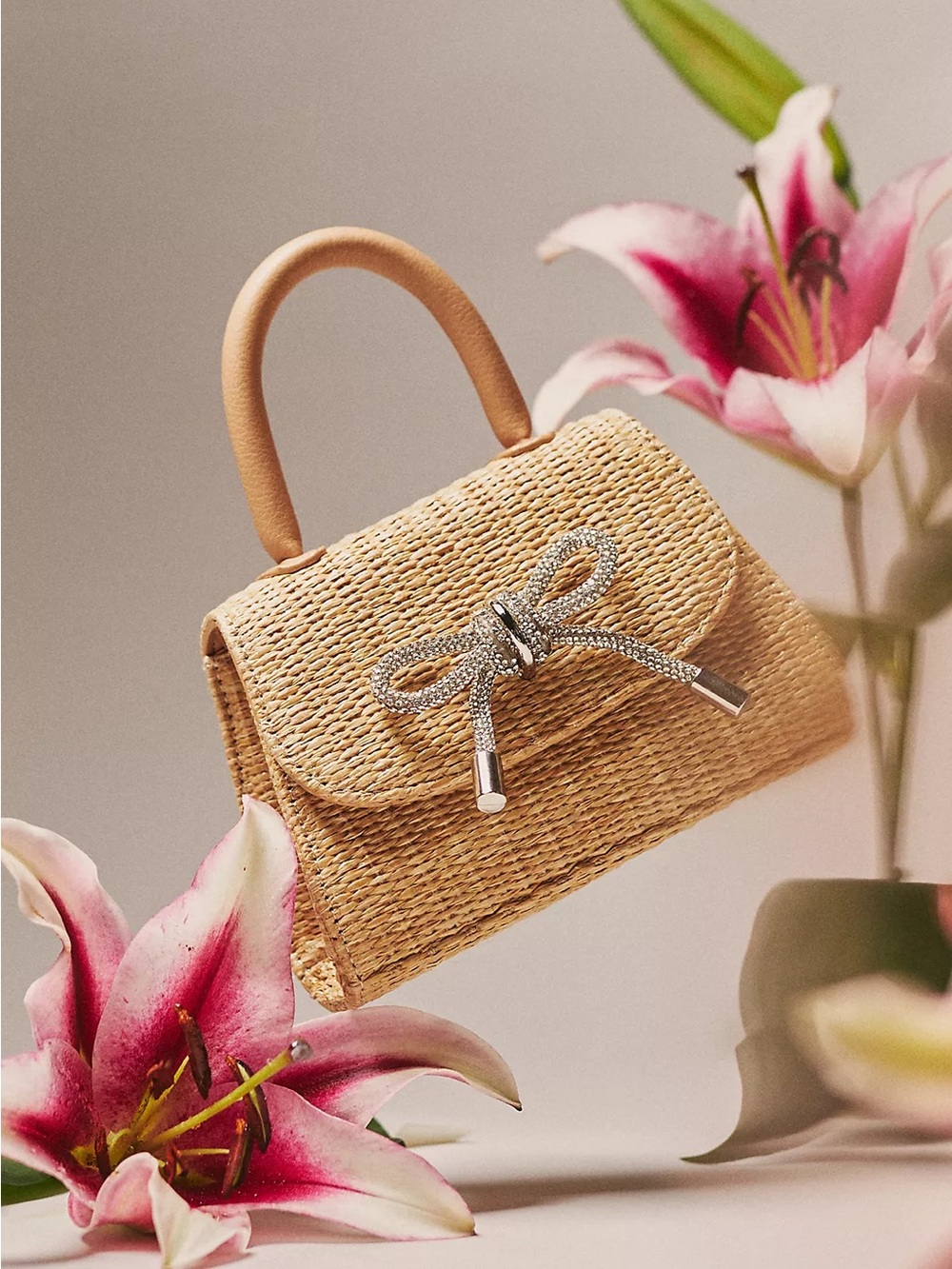 Anthropologie Tan Woven Mini Top-Handle Bag with Rhinestone Bow